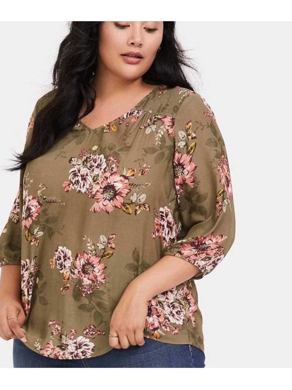 Torrid Women’s Olive Floral Crepe Smocked V-Neck Blouse Shirt Top, Size 1